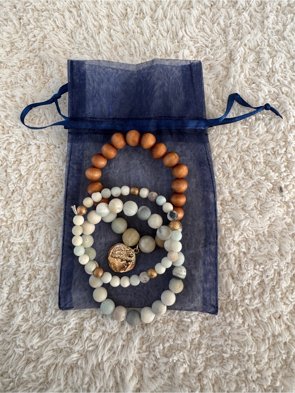 Boho Aqua Stone Beaded Bracelet Set Wood Gold Coin Charm ~
3 Piece